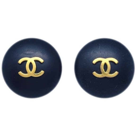 Chanel Button Earrings Clip-On Black 95P 151815 - Picture 1 of 8